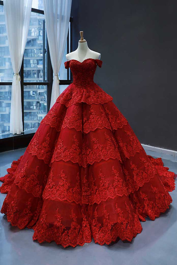 Red Lace Ball Gown Quincerea Formal Evening Dress RS210111