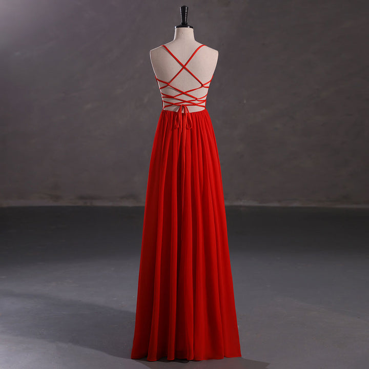 Long Red Chiffon Formal Prom Dress with Side Slit EN5404