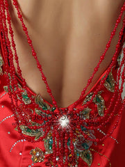 Red Fit and Flare Mermaid Satin Evening Dress with Open Back | LW2001