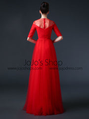 Red Modest Formal Prom Pageant Evening Dress with Sleeves CC3002