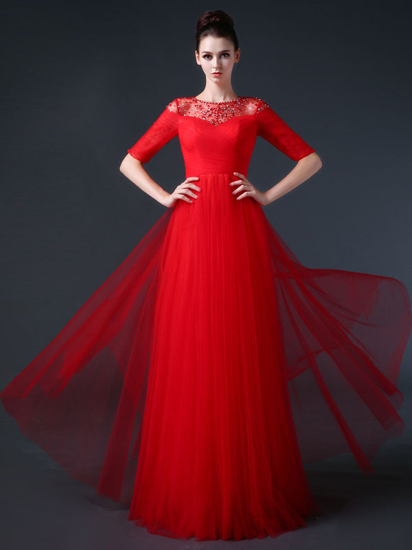 Red Modest Formal Prom Pageant Evening Dress with Sleeves CC3002