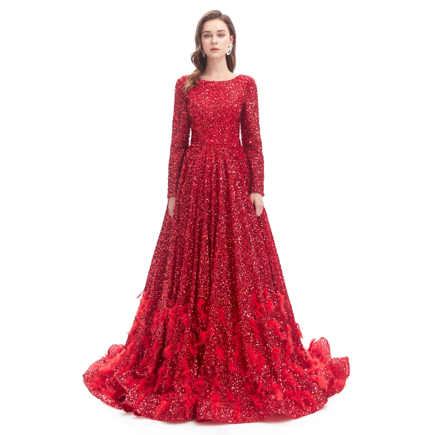 Modest Red Sequins Ball Gown Formal Dress EN4606 Size 24W / Red Modest Red Sequins Ball Gown Formal Dress EN4606 Size 24W / Red