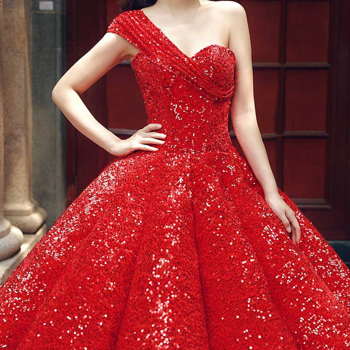 Red Sparkly Strapless Ball Gown Formal Evening Dress RS210109