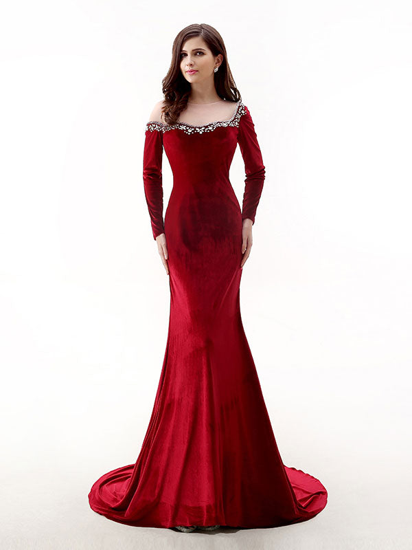 Red Velvet Sleeves Prom Evening Dress – Shop