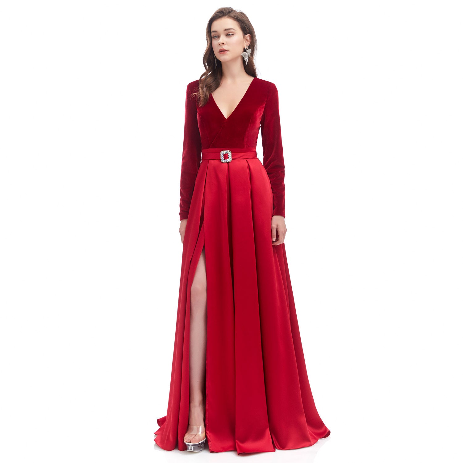 Red Velvet Maxi Formal Dress with Side Split EN4603 Size 4 / Red Red Velvet Maxi Formal Dress with Side Split EN4603 Size 4 / Red