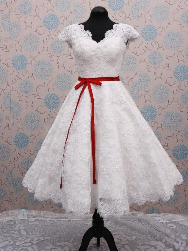 short 50s dress Retro 50s 60s Short Tea Length Modest Short Sleeves Dress with Sash Tie DV2041 Size 22W / White