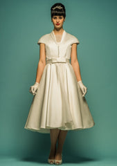 Retro Champagne Tea Length Dress with Sleeves