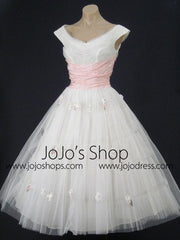 Retro Vintage Style 50s White and Pink Tea Length Wedding Prom Party Dress | DV1004