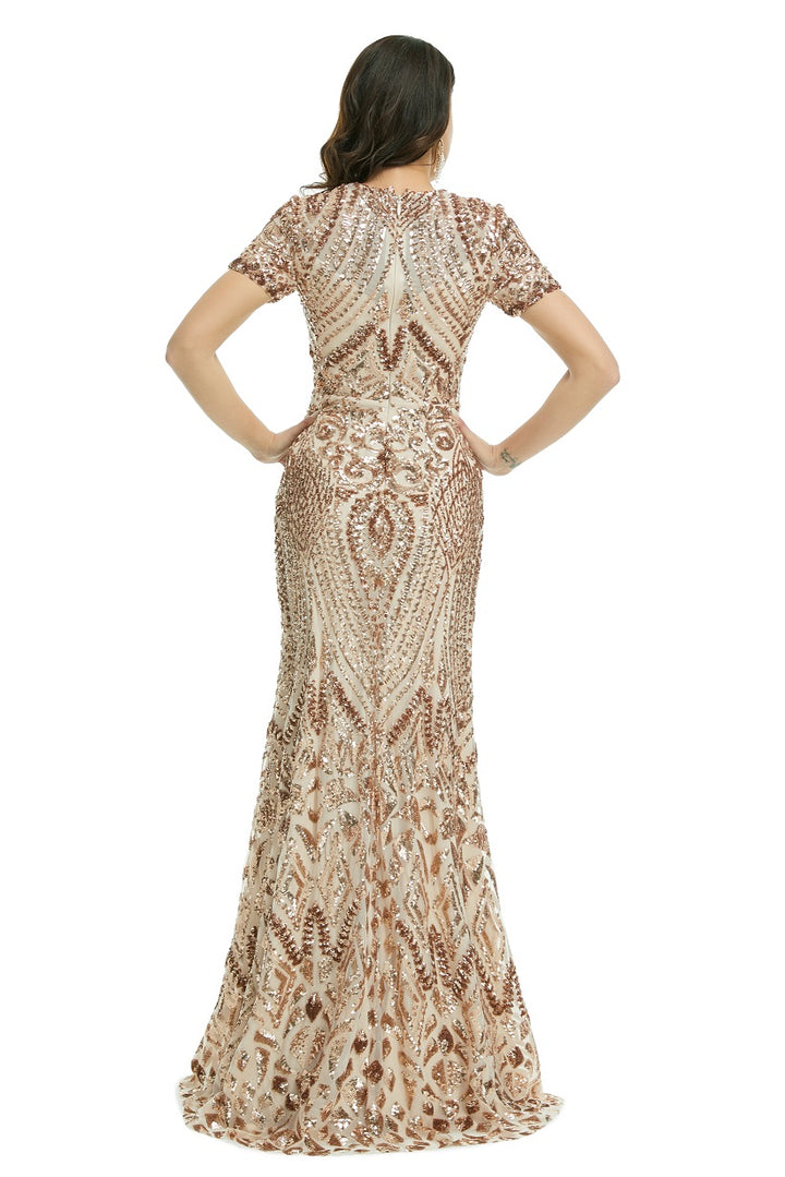 Rose Gold Sequins Modest Maxi Fitted Gala Formal Evening Dress EN5010