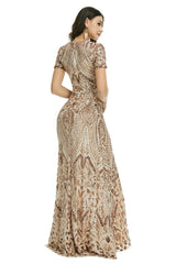 Rose Gold Sequins Modest Maxi Fitted Gala Formal Evening Dress EN5010