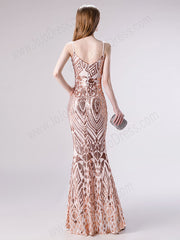 Rose Gold Sequin Lace Slim Prom Evening Dress