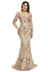 Rose Gold Off the Shoulder Maxi Fitted Gala Formal Evening Dress EN5009