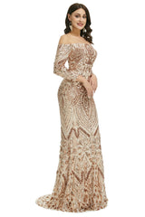 Rose Gold Off the Shoulder Maxi Fitted Gala Formal Evening Dress EN5009
