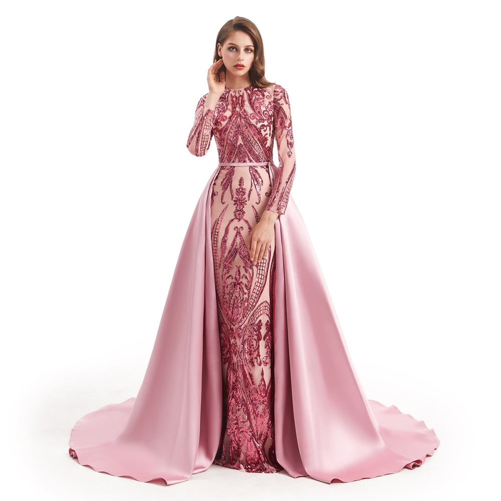 Modest Rose Pink Sequins Formal Gala Prom Evening Dress EN4813