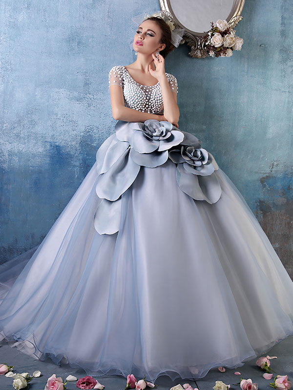 Short Sleeves Gray Ball Gown Quinceanera with Rosette | X034 Size 2 / Gray / Add Lining to Bodice Short Sleeves Gray Ball Gown Quinceanera with Rosette | X034 Size 2 / Gray / Add Lining to Bodice