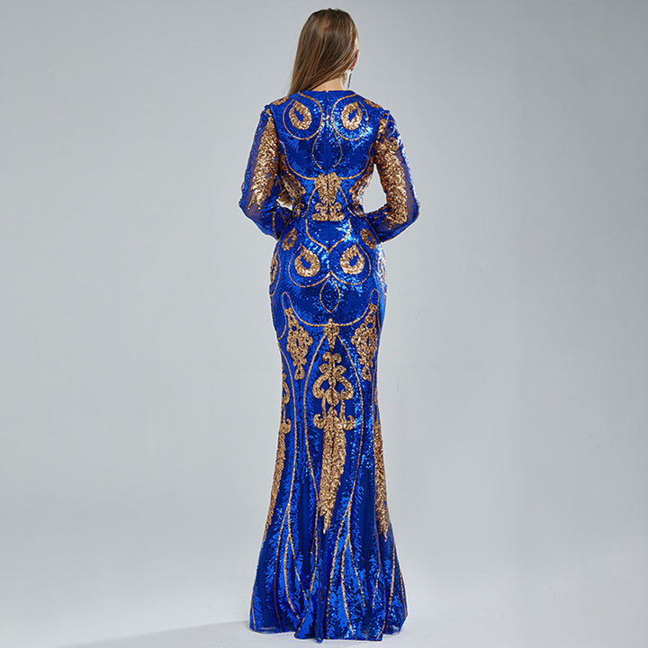 Long Royal Blue Sequins Pageant Evening Dress with Detachable Train EN5406