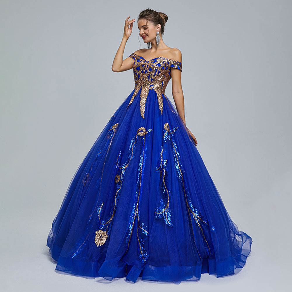 Royal Blue Puffy Ball Gown with Off the Shoulder Neckline EN5304