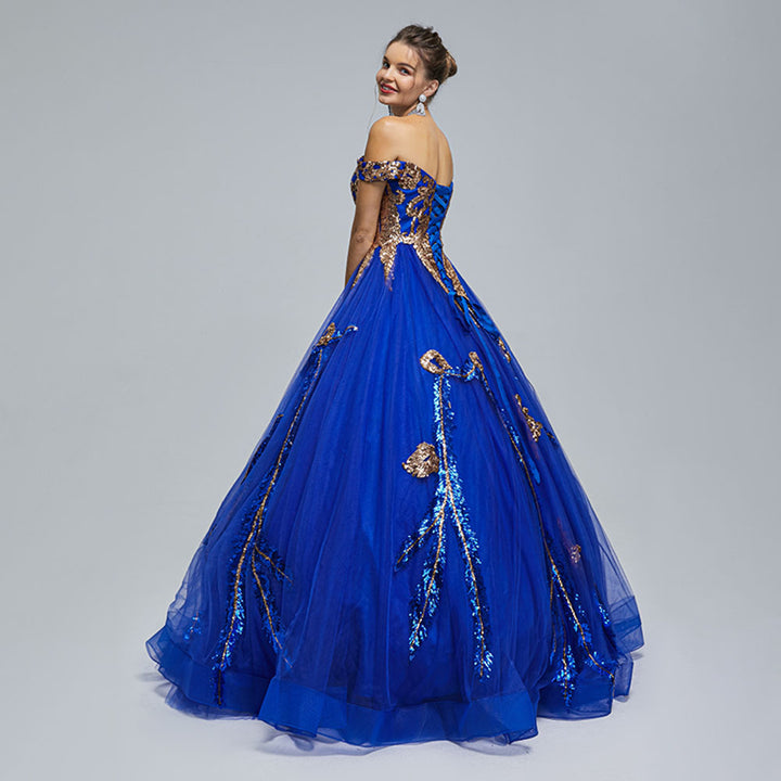 Royal Blue Puffy Ball Gown with Off the Shoulder Neckline EN5304