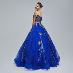 Royal Blue Puffy Ball Gown with Off the Shoulder Neckline EN5304