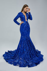 Royal Blue Long Fitted Sequins Lace Mermaid Evening Dress with Plunging Neck EN5405
