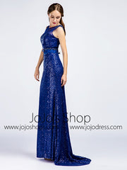 Sequined Shimmery Royal Blue Long Formal Prom Evening Dress