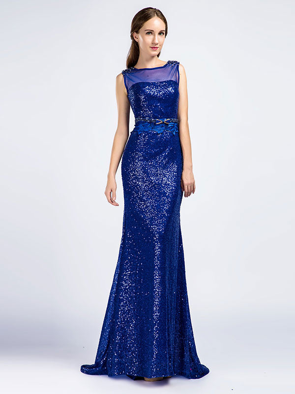 Sequined Shimmery Royal Blue Long Formal Prom Evening Dress