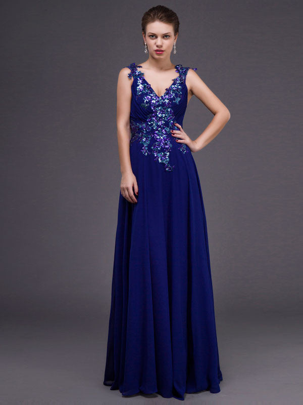 Grecian Royal Blue V Neck Chiffon Formal Dress
