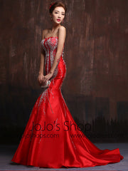 Scarlet Red Sexy Strapless Fit and Flare Mermaid Wedding Dress Formal Evening Gown Prom Dress X013