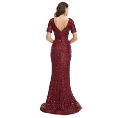 Sexy Burgundy Red Sparkly Maxi Fitted Formal Evening Dress EN5001