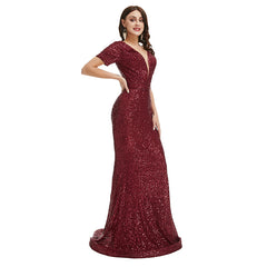 Sexy Burgundy Red Sparkly Maxi Fitted Formal Evening Dress EN5001
