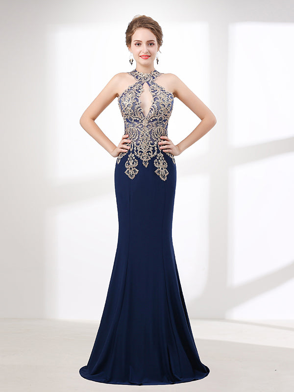 Navy Blue Halter Lace Formal Evening Dress Custom Size / Navy Navy Blue Halter Lace Formal Evening Dress Custom Size / Navy