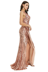 Sexy Rose Gold One Shoulder Maxi Formal Prom Dress with Side Slit EN5012