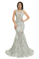 Sexy Silver Sequins Maxi Mermaid Formal Prom Evening Dress EN5007