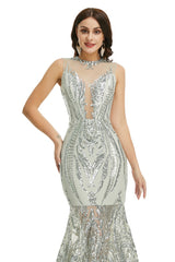 Sexy Silver Sequins Maxi Mermaid Formal Prom Evening Dress EN5007