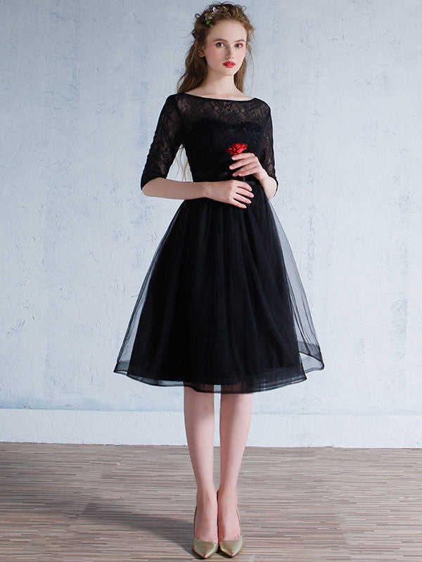 Black Lace Modest Knee Length Formal Prom Evening Dress