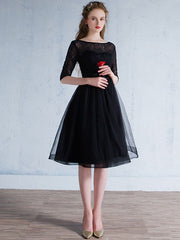 Black Lace Modest Knee Length Formal Prom Evening Dress