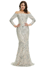 Silver Off the Shoulder Maxi Fitted Gala Formal Evening Dress EN5009
