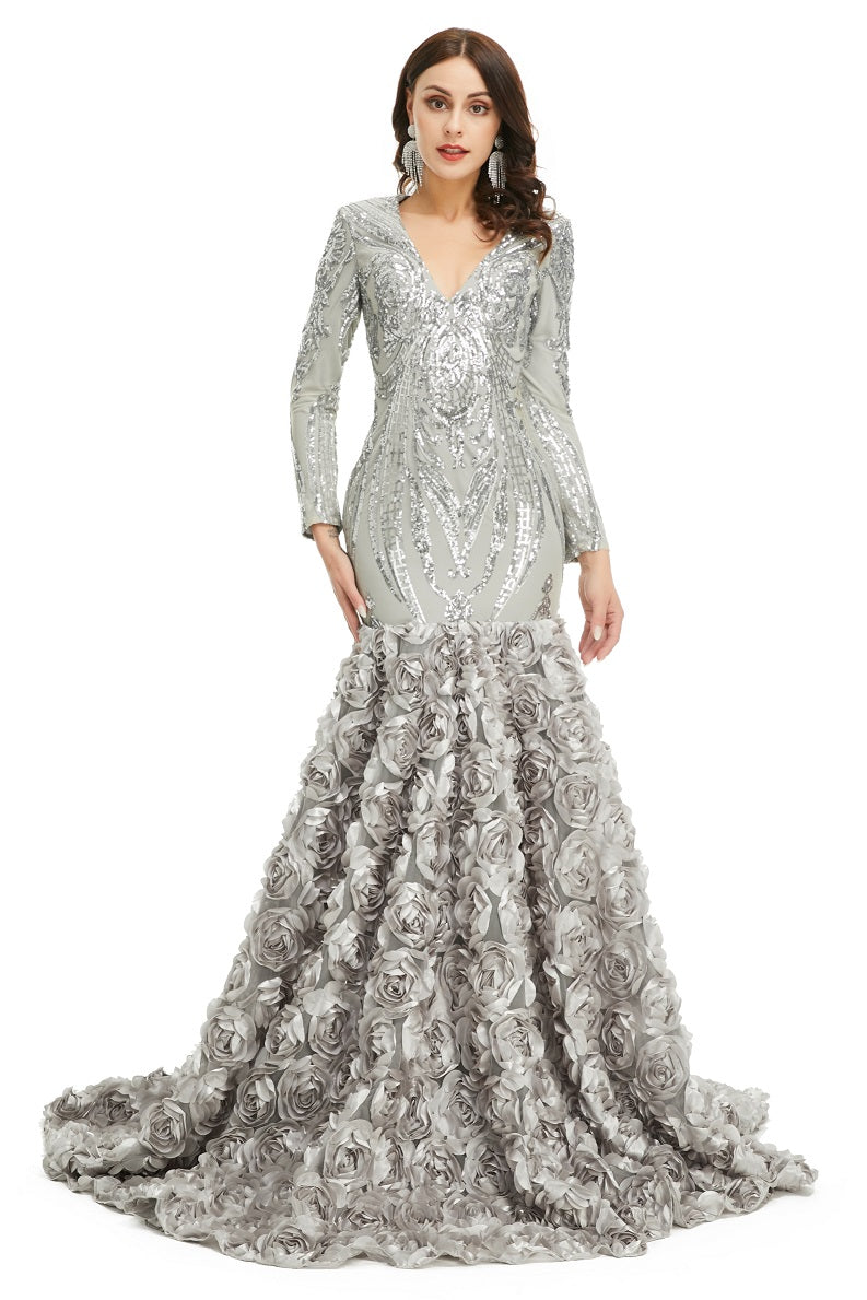 Silver Gray Sparkly Fitted Long Evening Dress with Rosette Skirt EN5006 Size 24W / Silver Silver Gray Sparkly Fitted Long Evening Dress with Rosette Skirt EN5006 Size 24W / Silver