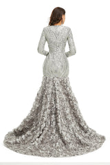 Silver Gray Sparkly Fitted Long Evening Dress with Rosette Skirt EN5006