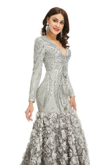 Silver Gray Sparkly Fitted Long Evening Dress with Rosette Skirt EN5006