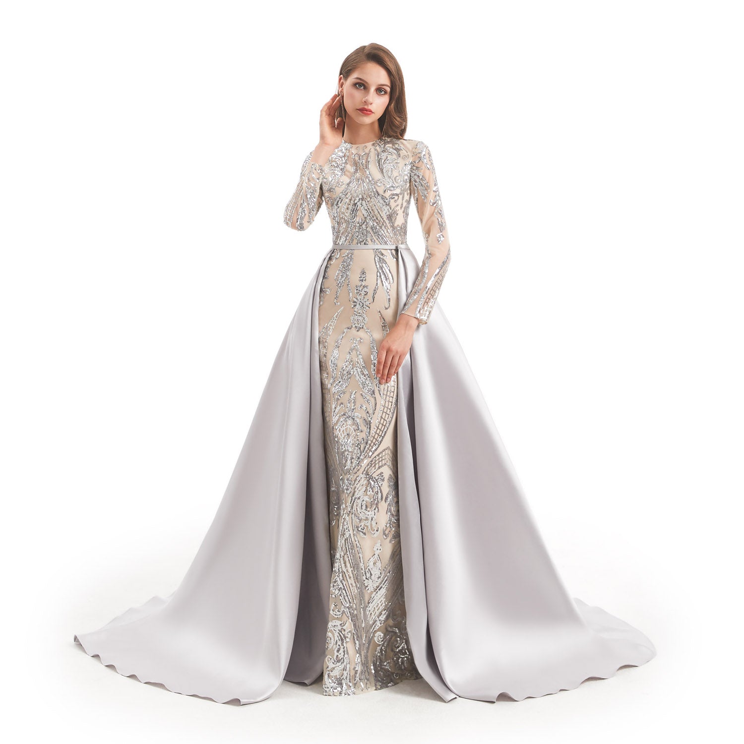 modest silver dress Sahara Embellished Silver Beaded Modest Long Sleeve Dresses Iyza Belaar