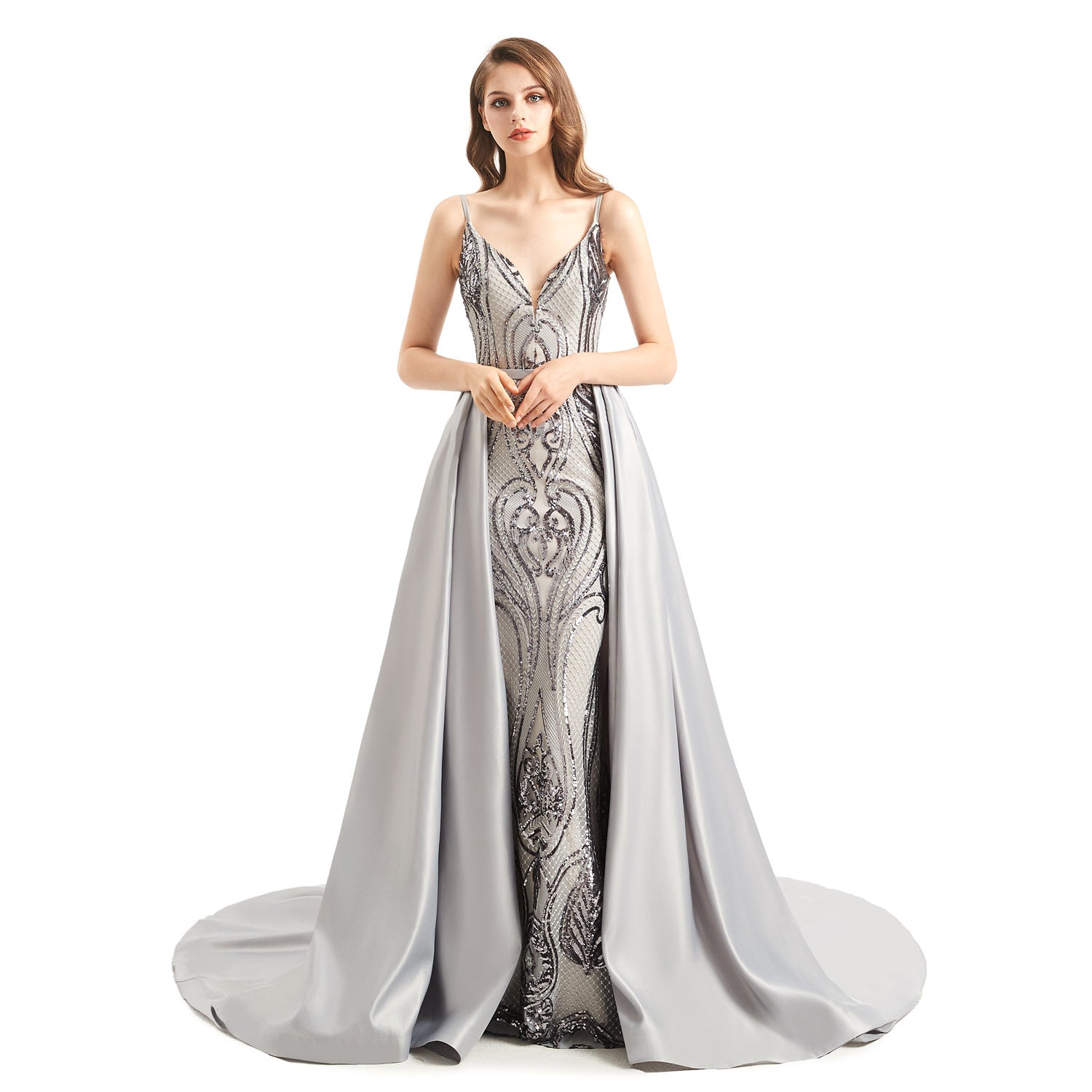 Silver Fit and Flare Formal Dress with Detachable Train EN4803 Size 8 / Silver Silver Fit and Flare Formal Dress with Detachable Train EN4803 Size 8 / Silver