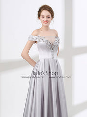 Soft Gray Off Shoulder Long Formal Prom Pageant Evening Dress