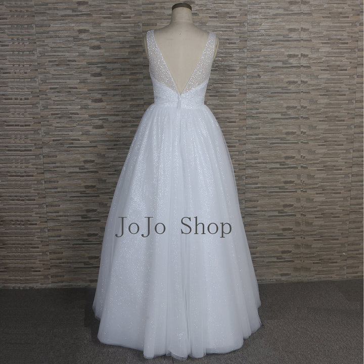Sparkly Ball Gown Wedding Dress with V Neck QT1332