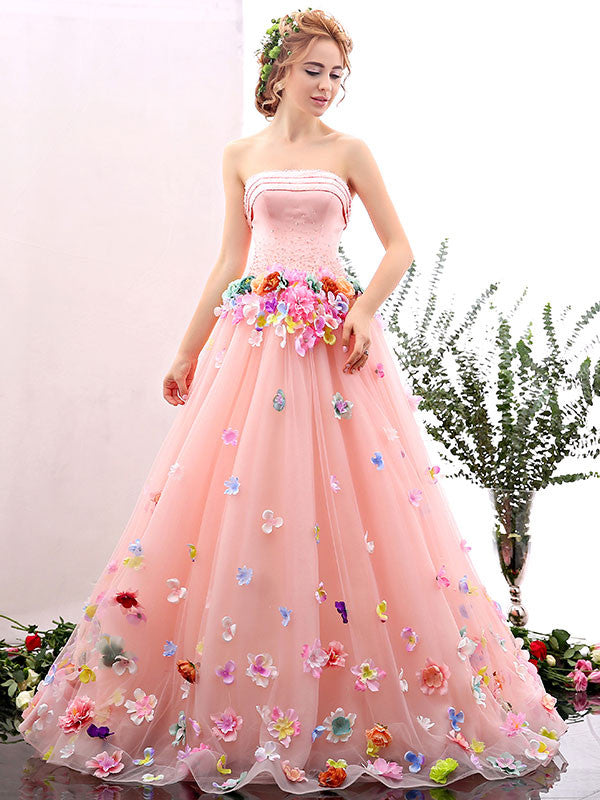 Blush Pink Strapless Ball Gown Formal Prom Dress with Colored Flowers