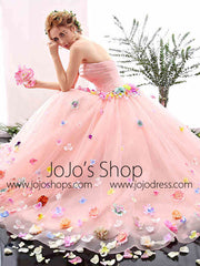 Blush Pink Strapless Ball Gown Formal Prom Dress with Colored Flowers | X1601