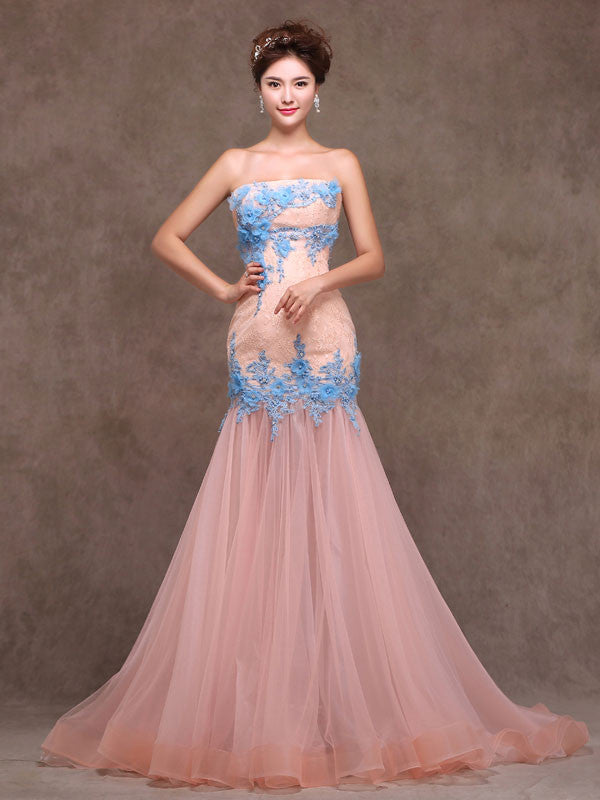 Whimsical Strapless Fitted Peach Lace Formal Evening Prom Dress X010 Whimsical Strapless Fitted Peach Lace Formal Evening Prom Dress X010