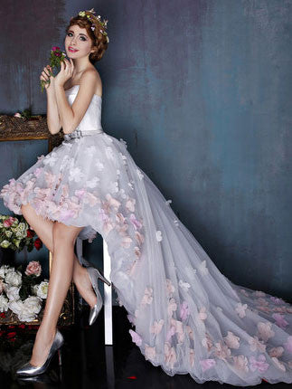 Hi-Low Tulle Formal Dress with Flowers Sprinkled Skirt Size 6 / Ivory Hi-Low Tulle Formal Dress with Flowers Sprinkled Skirt Size 6 / Ivory