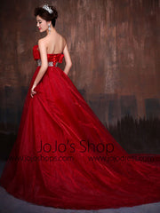Strapless Red Rosette Ball Gown Formal Evening Prom Dress X001
