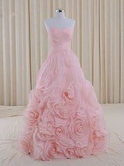 Pink Strapless Sweetheart Evening Dress with Rosette Ruffles